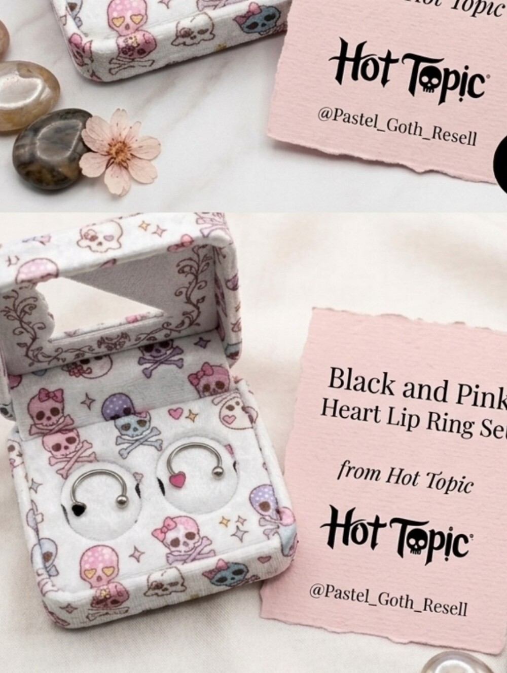 Hot Topic Silver Open Ring with Pink and Black Heart Accents